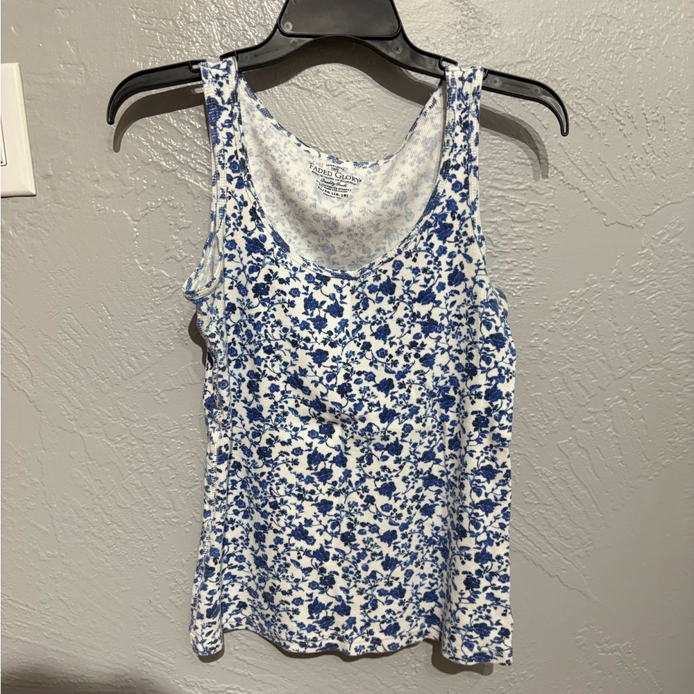 Faded Glory Blue and White Floral Tank Top